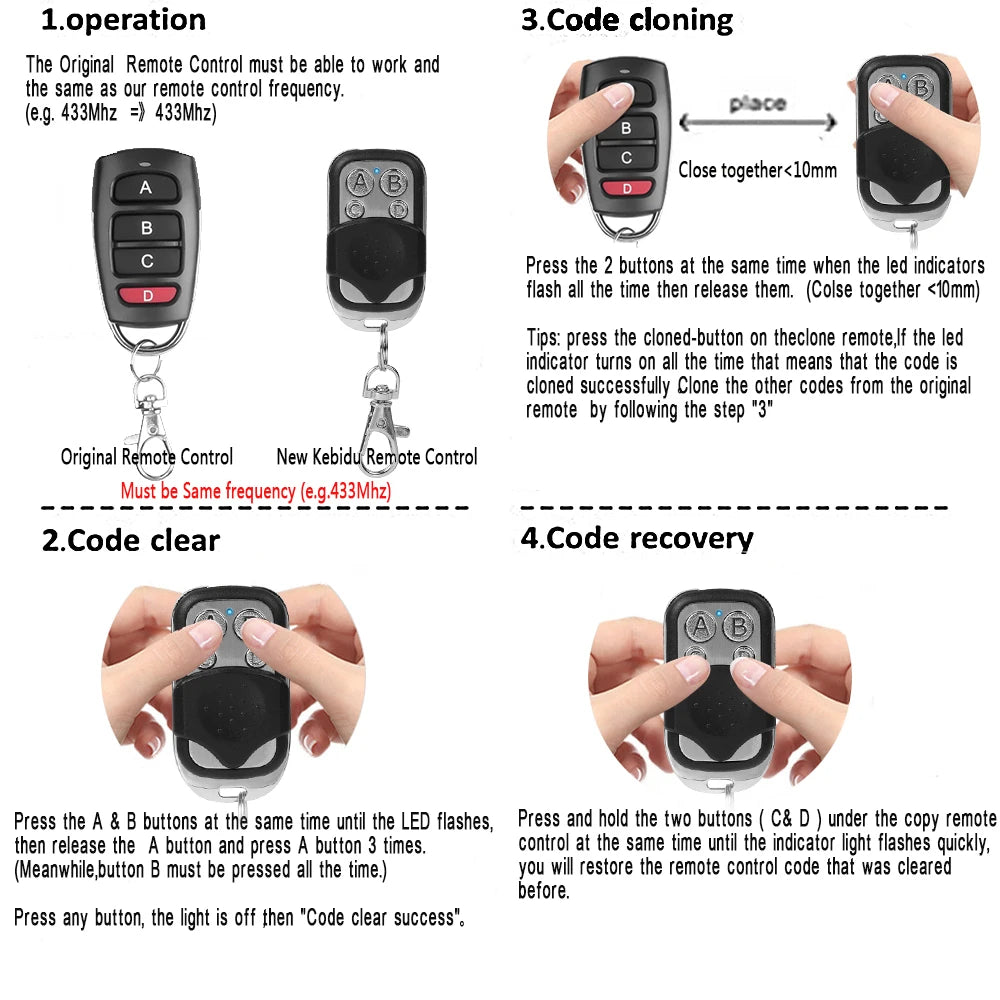 433MHz Copy Remote Control 4 Buttons Electronic Gate Control Universal Garage Door Remote Car Key Duplicator Smart Home