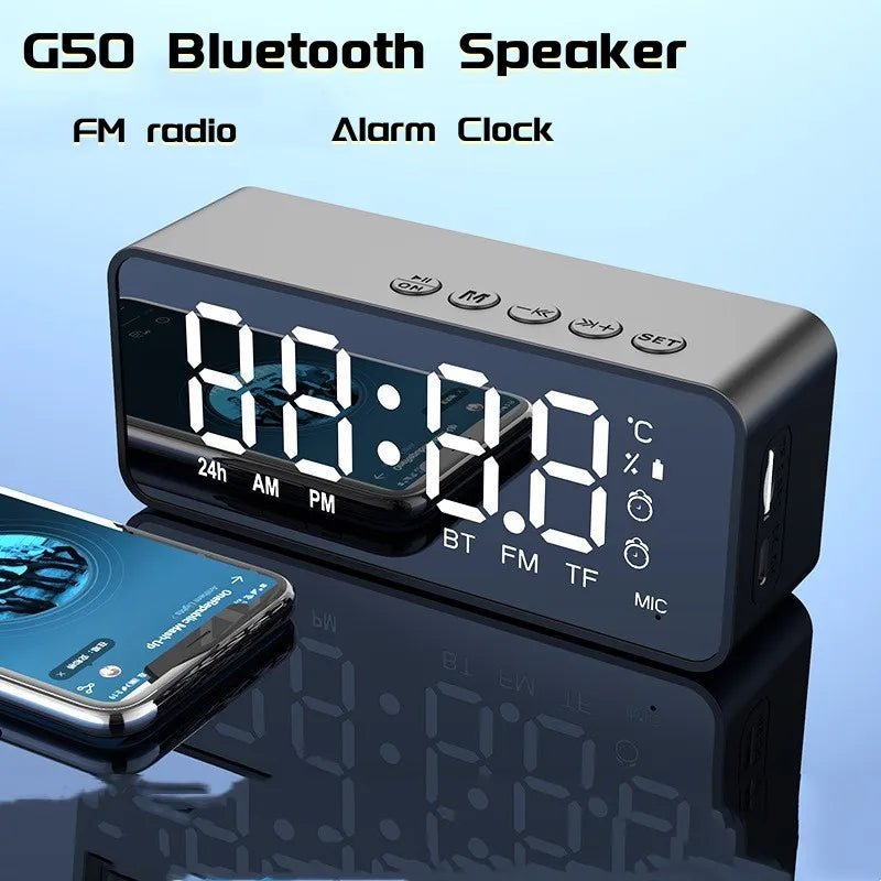 G50 Wireless Bluetooth Speaker with FM Mini Card Mirror Alarm Clock Audio Stall Receiving Support TF Card Desktop Speaker Clock