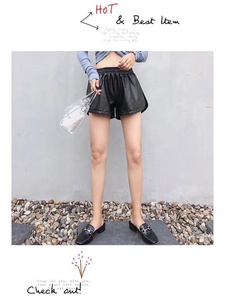 Shorts Women Ulzzang Chic Elastic Waist Pockets Loose Simple Pure Black Trendy Ins PU Leather Fall Casual 3XL Female All-match