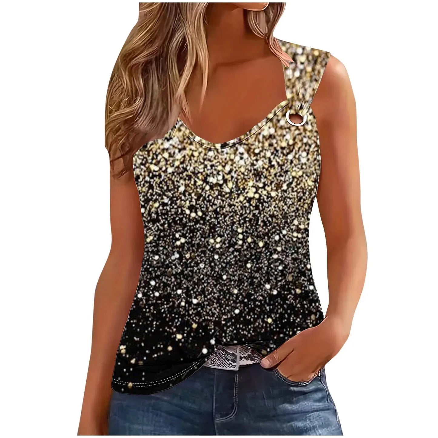2024 Summer Casual Tops Women's T-shirt Sleeveless V-neck Stripe Printed Tshirt Top Femme T Shirt For Women