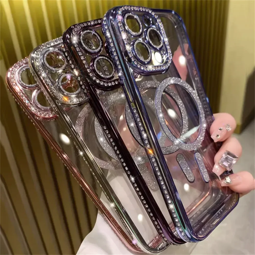 2024 New Fashion Glitter Diamond Transparent Case For iPhone 16 15 14 Plus 13 12 11 Pro Max Magnetic Wireless Charge Back Cover