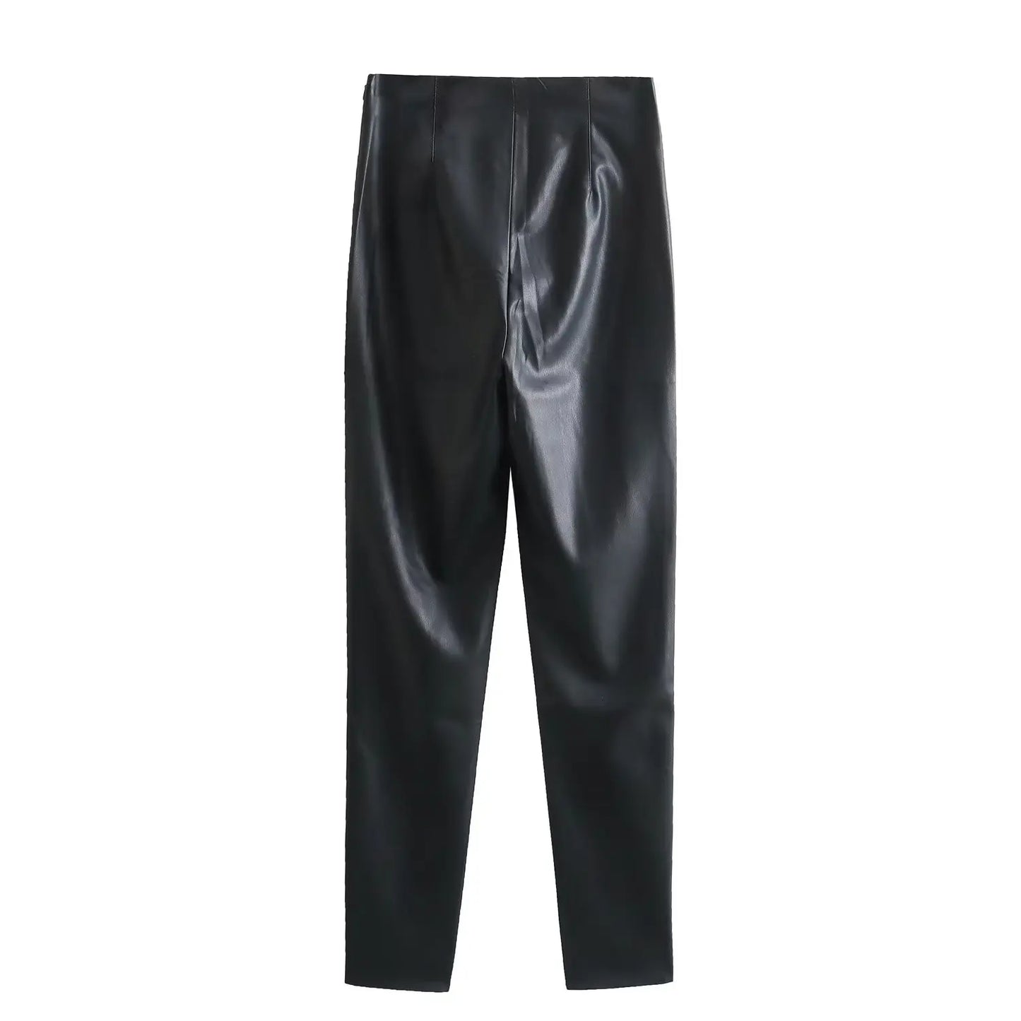 TRAFZA 2024 Women Stylish Stretch Pants Streetwear Solid High Waist Ladies PU Faux Leather Pencil Trousers Full Length Bottoms