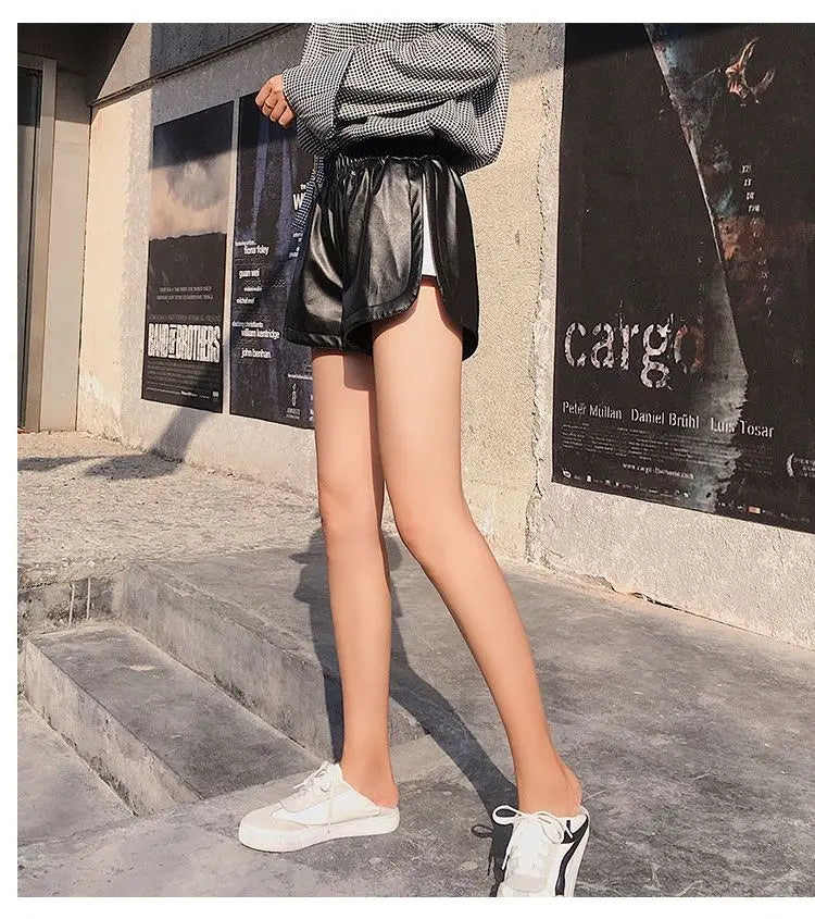 Shorts Women Ulzzang Chic Elastic Waist Pockets Loose Simple Pure Black Trendy Ins PU Leather Fall Casual 3XL Female All-match