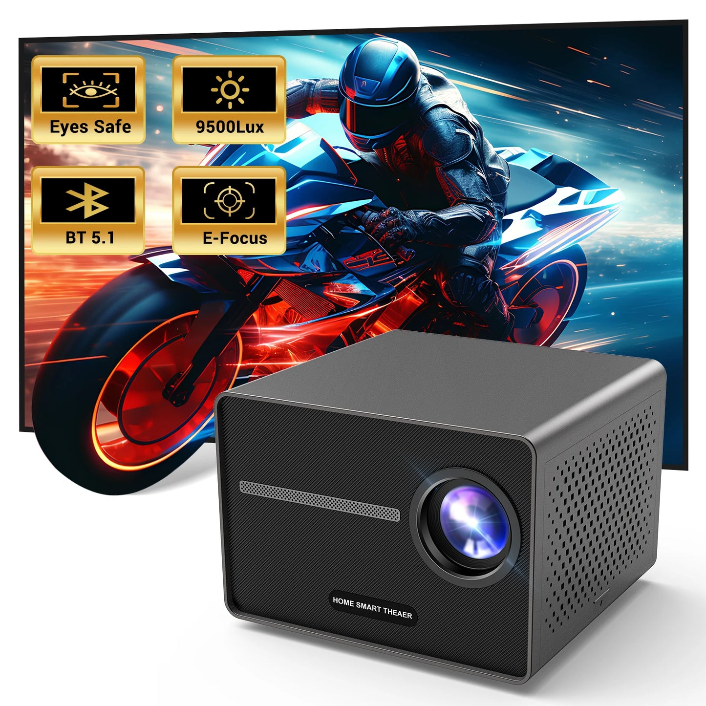 HAPPRUN Electric Focus Mini 1080P Bluetooth Projector, 200" Outdoor Movie Support, Compatible with Smartphone/HDMI/USB/PS5