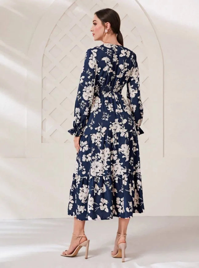 Autumn Women's New Sexy V-neck Fashionable Printed Cake Long Sleeves Medium To Long Length Casual Comfortable Dress For Women