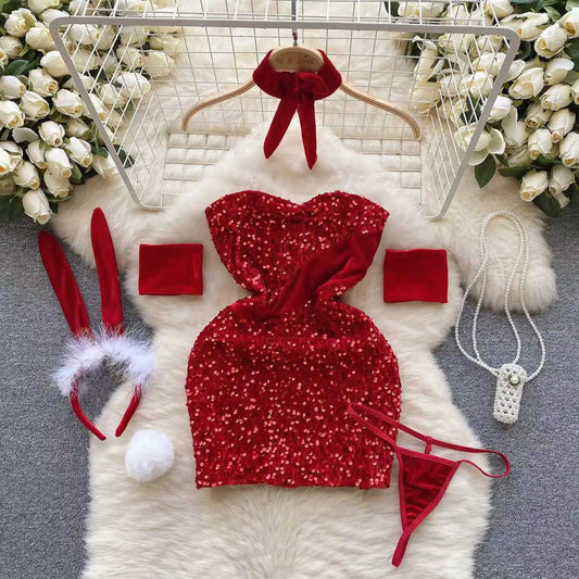 New In Christmas Red Short Dress Sexy Sequin Slim Bodycone Dress Strap Club Party Night Dress Rrotic Bunny Cosplay Mini Dress
