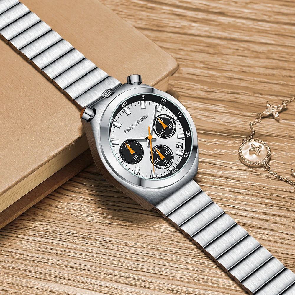 MINI FOCUS Elegant Multifunctional Watch for Women Fashion Waterproof Quartz Ladies Watches Steel Band Bull Head Wristwatch Gift