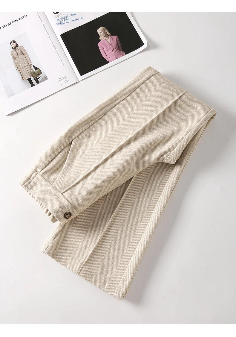Herringbone Woolen Women's Pants Autumn and Winter 2024 New Elastic Waist Flare Pants Fashion Warm Comfort Black Trousers Women