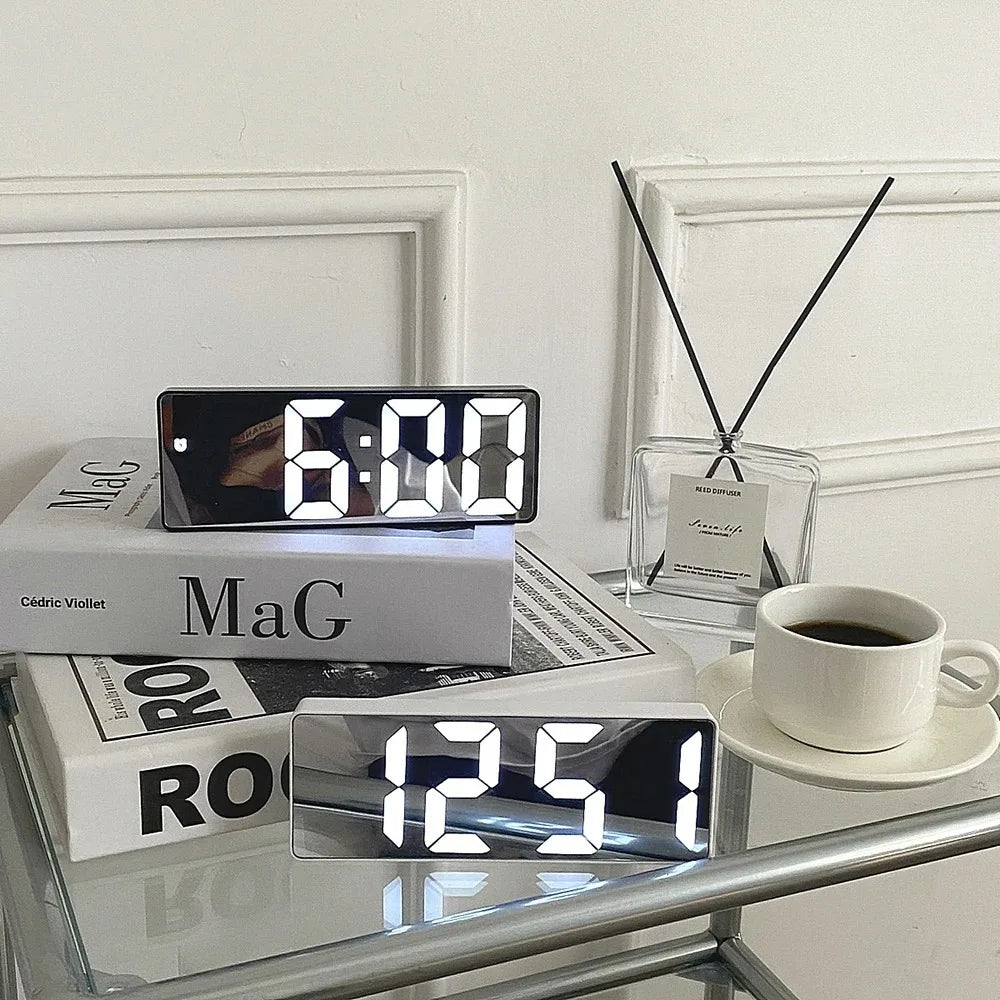 Smart Alarm Clock Bedside Table Led Alarm Clock Digital Children's Electronic Alarm Clock Curved Screen Mirror Temperature