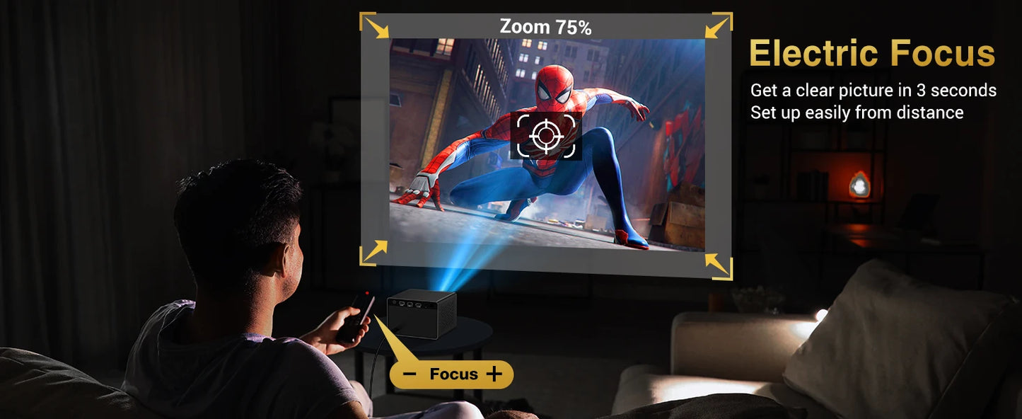 HAPPRUN Electric Focus Mini 1080P Bluetooth Projector, 200" Outdoor Movie Support, Compatible with Smartphone/HDMI/USB/PS5