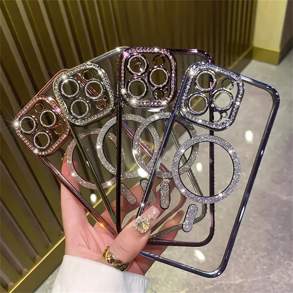 2024 New Fashion Glitter Diamond Transparent Case For iPhone 16 15 14 Plus 13 12 11 Pro Max Magnetic Wireless Charge Back Cover