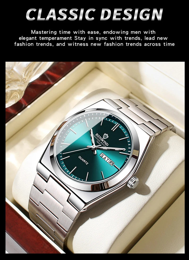 Men Watch Light Luxury Brand Stainless Steel Double Calendar Waterproof Male Business Leisure Fashion Quartz Clock Watches W004