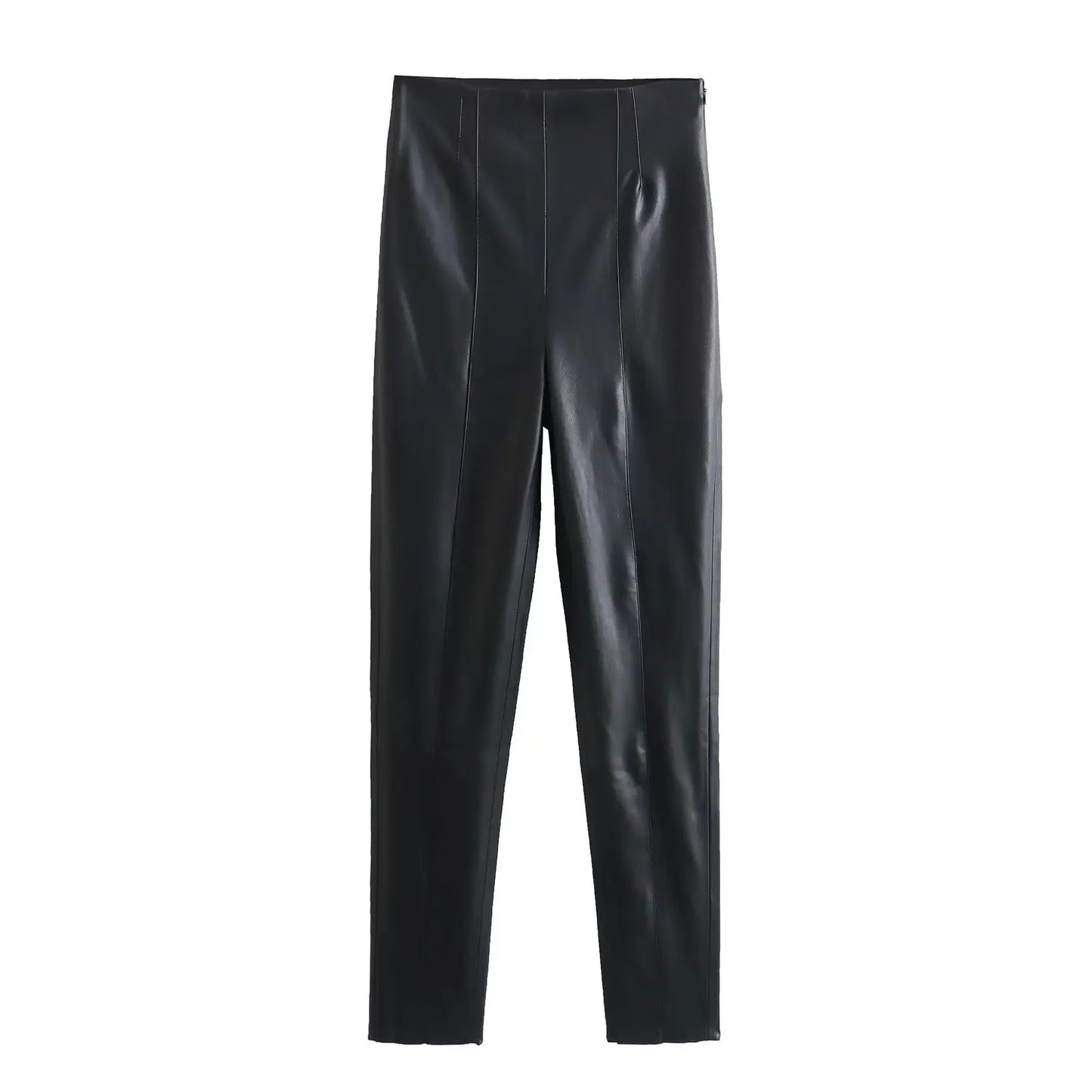 TRAFZA 2024 Women Stylish Stretch Pants Streetwear Solid High Waist Ladies PU Faux Leather Pencil Trousers Full Length Bottoms