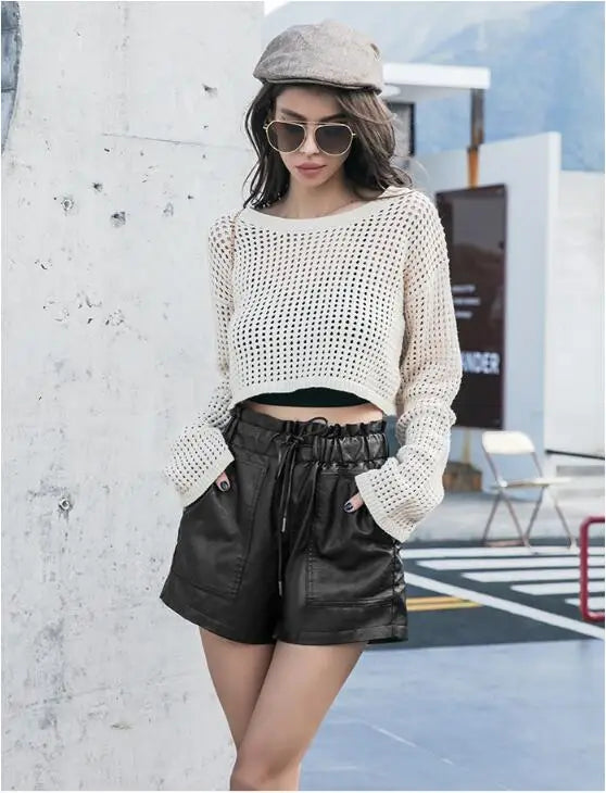Shorts Women Ulzzang Chic Elastic Waist Pockets Loose Simple Pure Black Trendy Ins PU Leather Fall Casual 3XL Female All-match