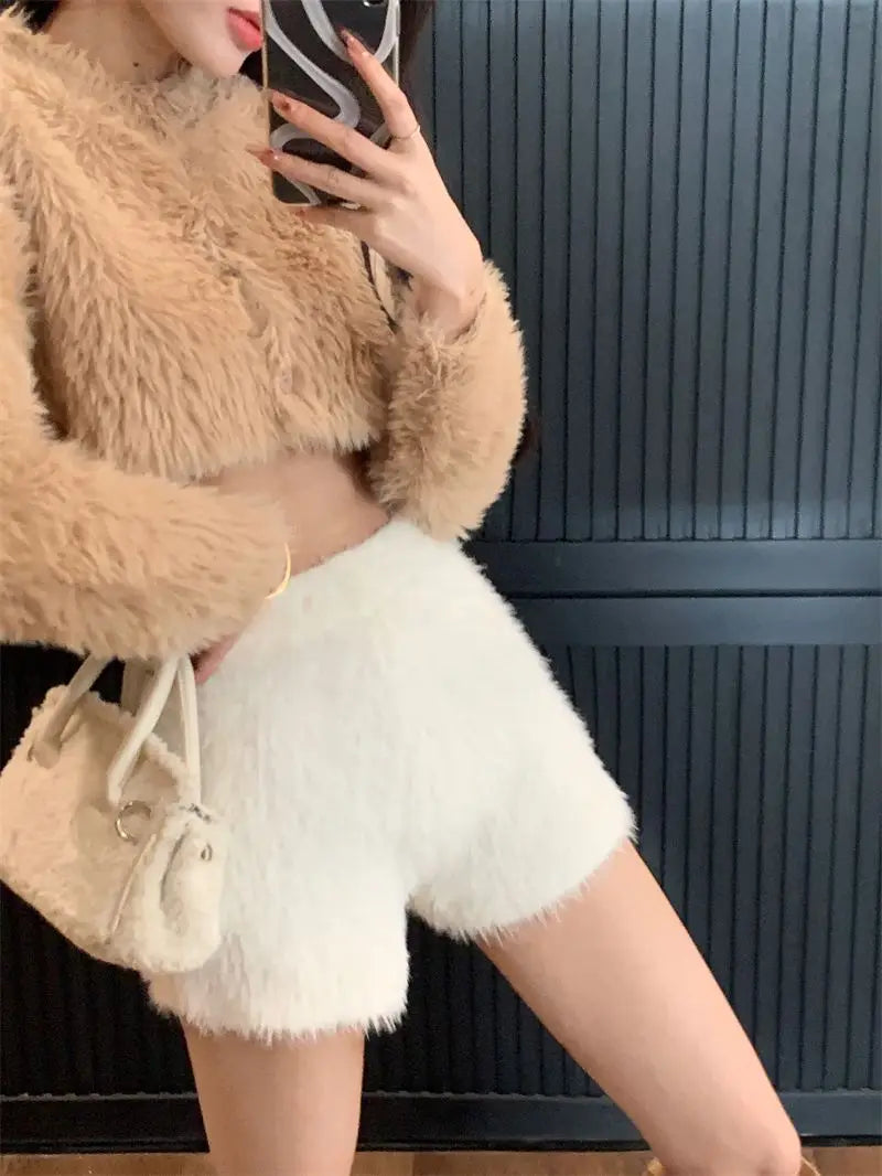 Warm Fluffy Shorts for Women High Waist Autumn Winter Korean Style Fashion Elegant Hot Sweet Female All-match Street Wear Mujer