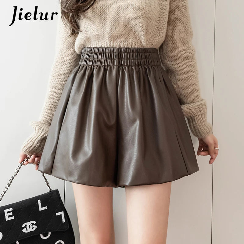 Mini Shorts Women Autumn Winter Chic Korean Elastic High Waist PU Leather Shorts Female Coffee Loose A-line Shorts S-XXL