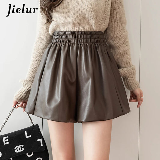 Mini Shorts Women Autumn Winter Chic Korean Elastic High Waist PU Leather Shorts Female Coffee Loose A-line Shorts S-XXL
