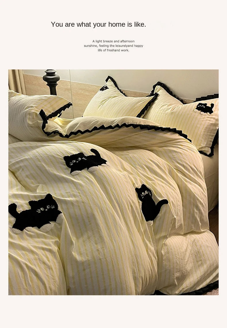 Korean Style Bedding Set Green Strip Black Cat Embroidery Washed Cotton  Duvet Cover Cute Cardboard  Bed linen Comforter Sets