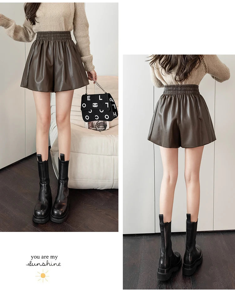 Mini Shorts Women Autumn Winter Chic Korean Elastic High Waist PU Leather Shorts Female Coffee Loose A-line Shorts S-XXL