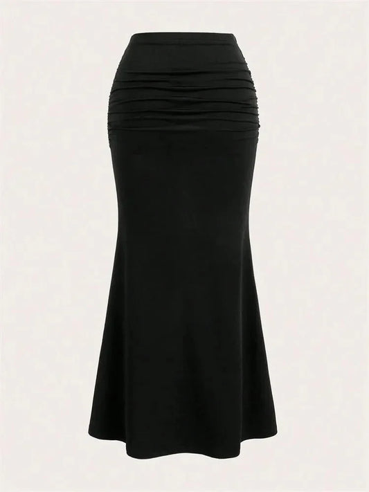 Solid Bodycon Ruched Long Skirt Women Sexy Black Elastic Elegant High Waist Mermaid Maxi Skirts Summer Streetwear 2024
