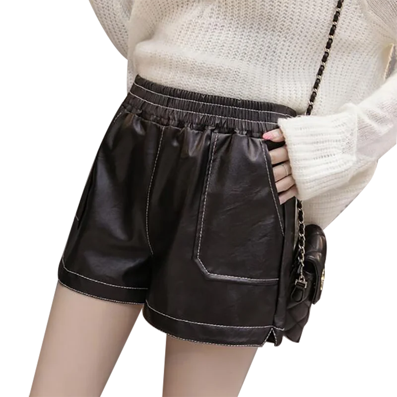 Shorts Women Ulzzang Chic Elastic Waist Pockets Loose Simple Pure Black Trendy Ins PU Leather Fall Casual 3XL Female All-match