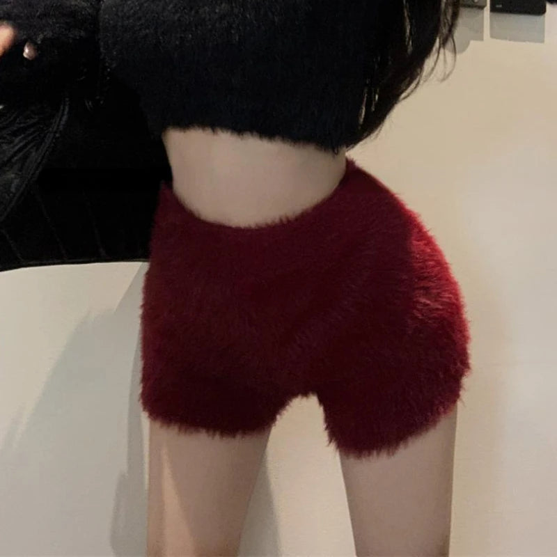 Warm Fluffy Shorts for Women High Waist Autumn Winter Korean Style Fashion Elegant Hot Sweet Female All-match Street Wear Mujer