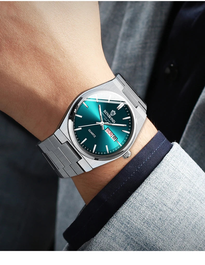 BINBOND Fashion New Men Business Watch Leisure Quartz Stainless Steel Buckle Watches Waterproof Luminous Calendar Men's Watches