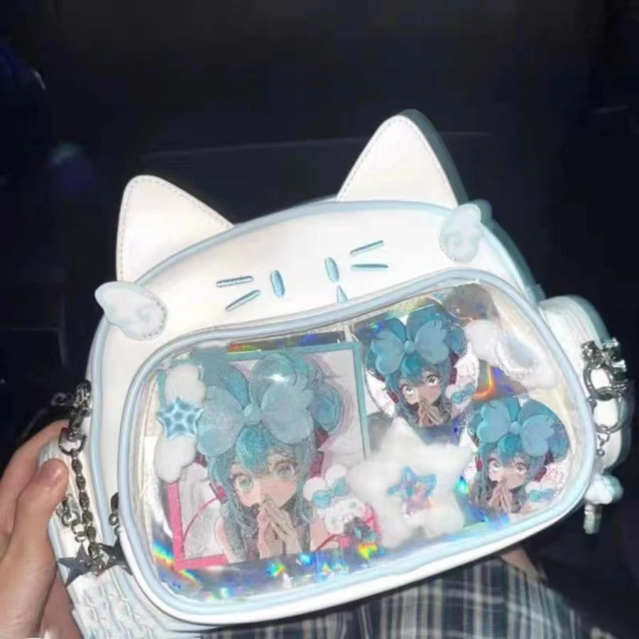 New Y2K Korean Kawaii Cat Ita Bag Cute PU Shoulder Bag Girls Transparent Pocket Harajuku Crossbody Bag Women's Fashion Backpacks