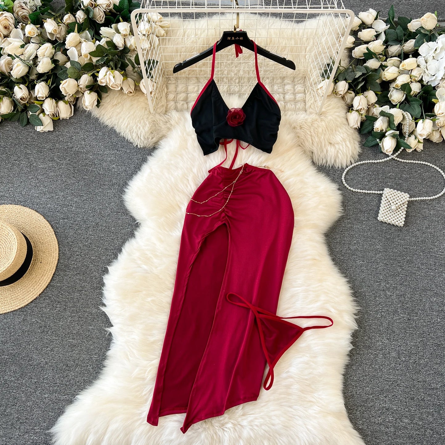 Christmas Sexy Night Dress Hotsweet Women's Dress Plush Splice Slim Bodycone Red Dress Cross Strap Halter Neck Party Short Dress