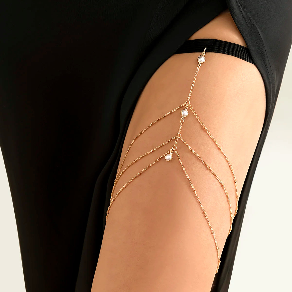 IngeSight.Z Sexy Multilayer Tassel Imitation Pearl Clip Bead Leg Chain Women Simple Adjustable Elastic Thigh Chain Body Jewelry