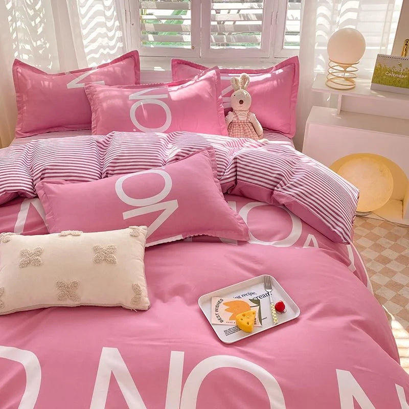 Ins Simple Style Duvet Cover Set with Pillowcases Flat Sheet No Comforter Grey Boys Girls Bedding Kit Single Twin Bed Linens