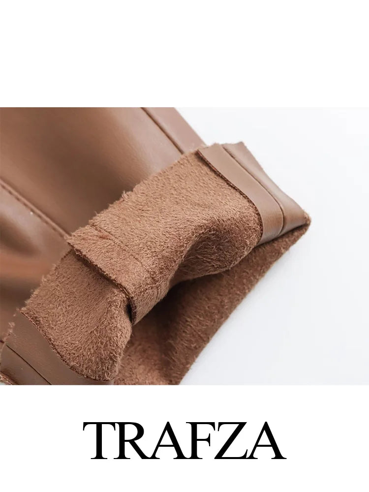 TRAFZA 2024 Women Stylish Stretch Pants Streetwear Solid High Waist Ladies PU Faux Leather Pencil Trousers Full Length Bottoms