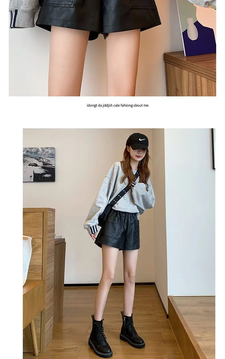 Shorts Women Ulzzang Chic Elastic Waist Pockets Loose Simple Pure Black Trendy Ins PU Leather Fall Casual 3XL Female All-match