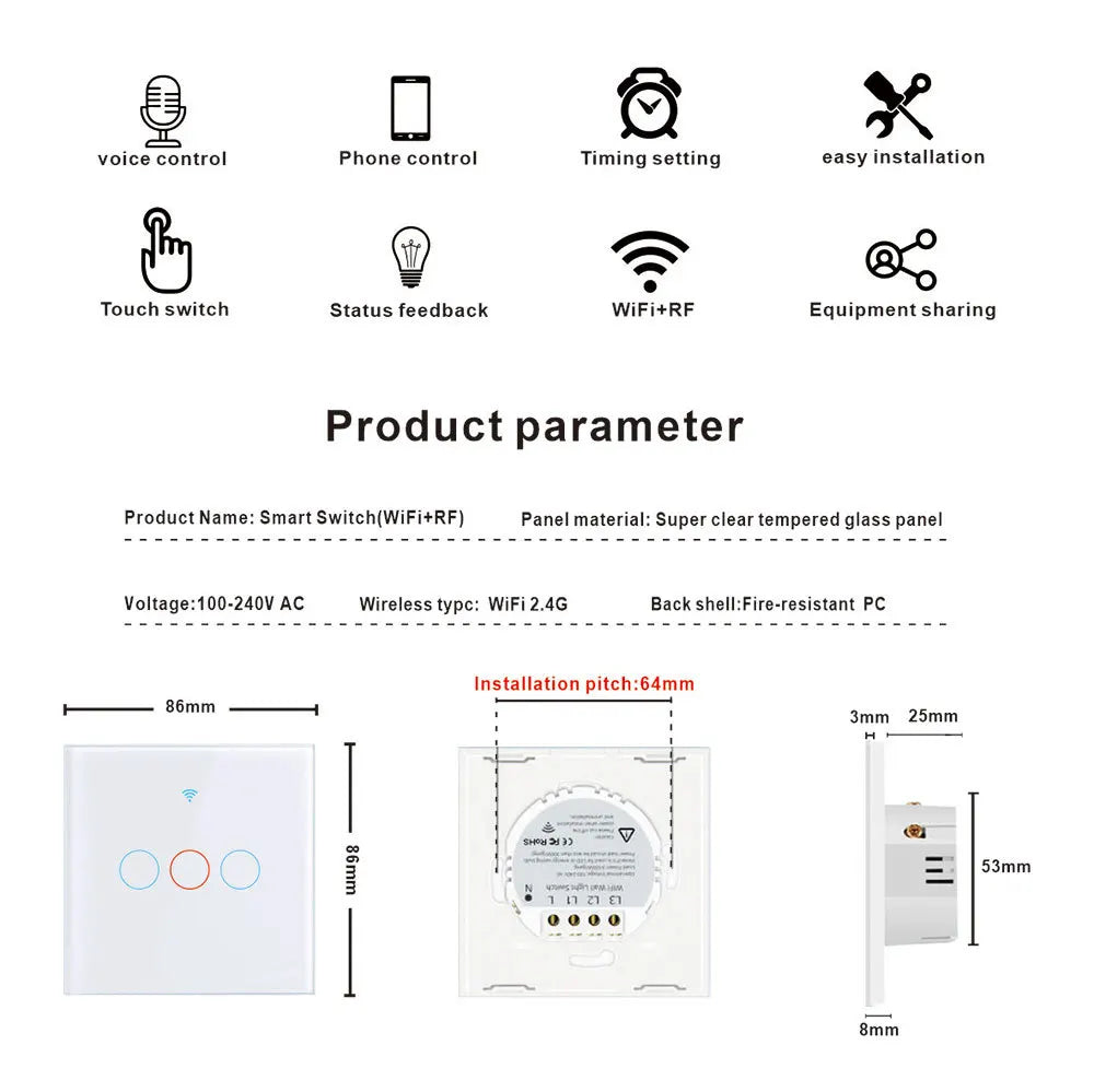 Wifi Smart Light Switch EU 86 Glass Screen Touch Panel Voice Control Wireless Wall Switches with Alexa Google Home 1/2/3/4 Gang