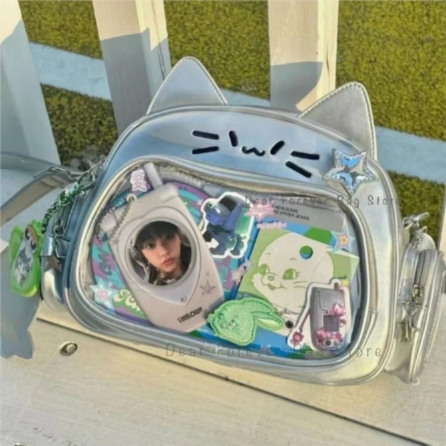 New Y2K Korean Kawaii Cat Ita Bag Cute PU Shoulder Bag Girls Transparent Pocket Harajuku Crossbody Bag Women's Fashion Backpacks