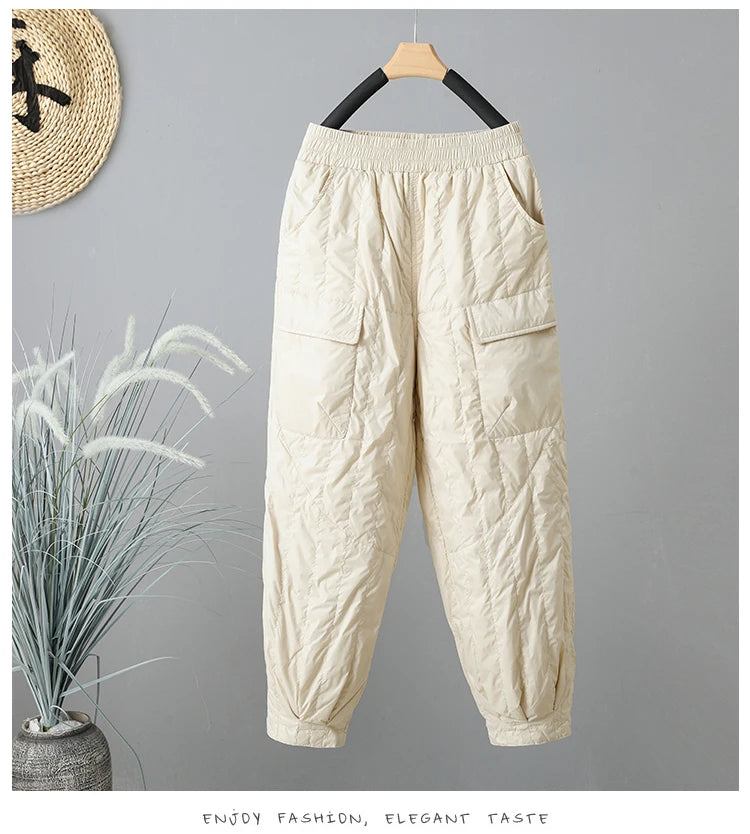 Elegant Light Weight Warm Down Cotton Trousers 2024 New Winter Outerwear Work Trousers Windproof Quilted Harem Pants for Women