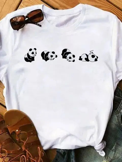 Maycaur Summer Women T Shirt Loose Tops Cute Panda Heart Print Short Sleeve Female Loose Casual T-shirt Ladies Top Teeadad