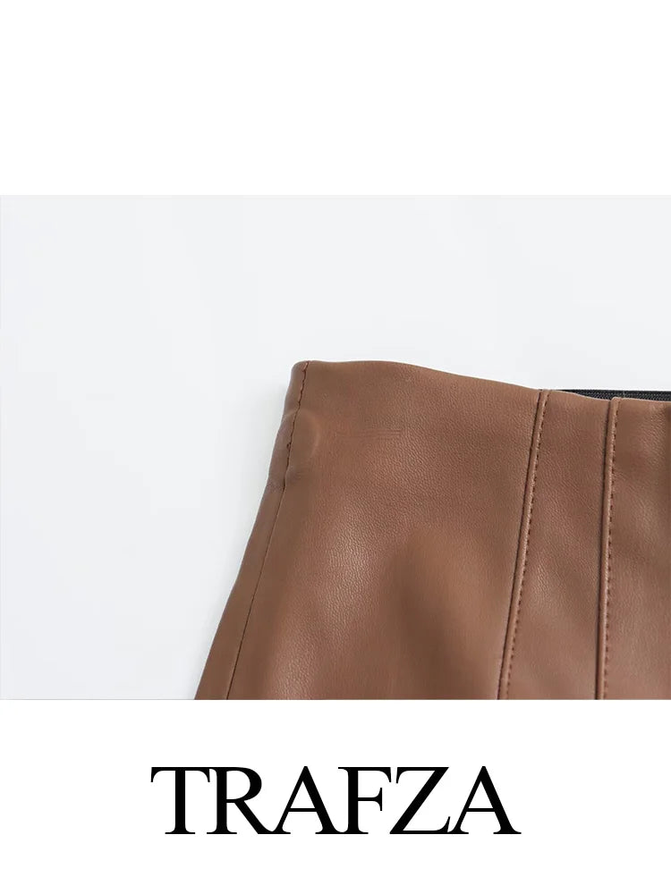 TRAFZA 2024 Women Stylish Stretch Pants Streetwear Solid High Waist Ladies PU Faux Leather Pencil Trousers Full Length Bottoms