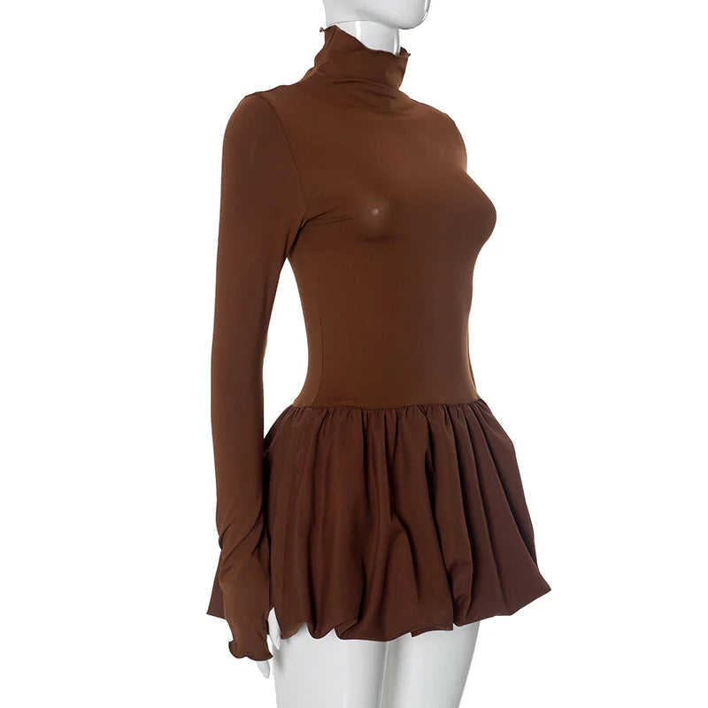 CUTENOVA 2024 Women'S Autumn And Winter New High Neck Long Sleeve Waisted Pod Short Skirt Slim Patchwork Dresses Elegant Lady