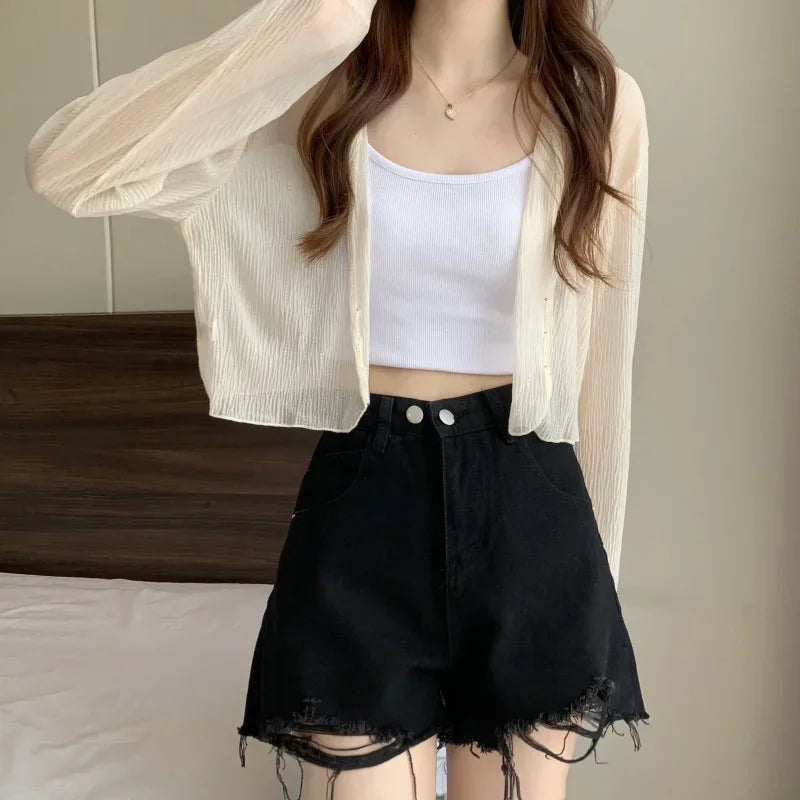 Fairy Style Solid Cardigan Women Summer New Long Sleeve Sunscreen Sweet Beading V-neck Basics Loose Chiffon Cardigana