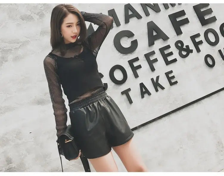 Shorts Women Ulzzang Chic Elastic Waist Pockets Loose Simple Pure Black Trendy Ins PU Leather Fall Casual 3XL Female All-match