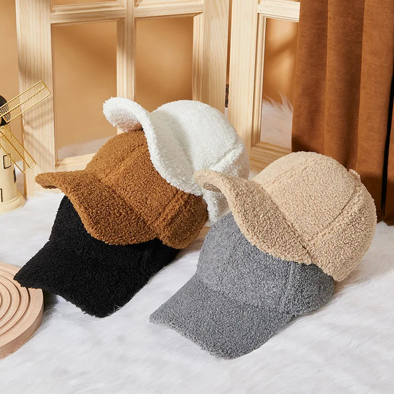 New Winter Women Baseball Cap Men Artificial Lamb Wool Duck Tongue Hats Plush Thickened Warm Fashion Solid Velvet Sunshade Hat