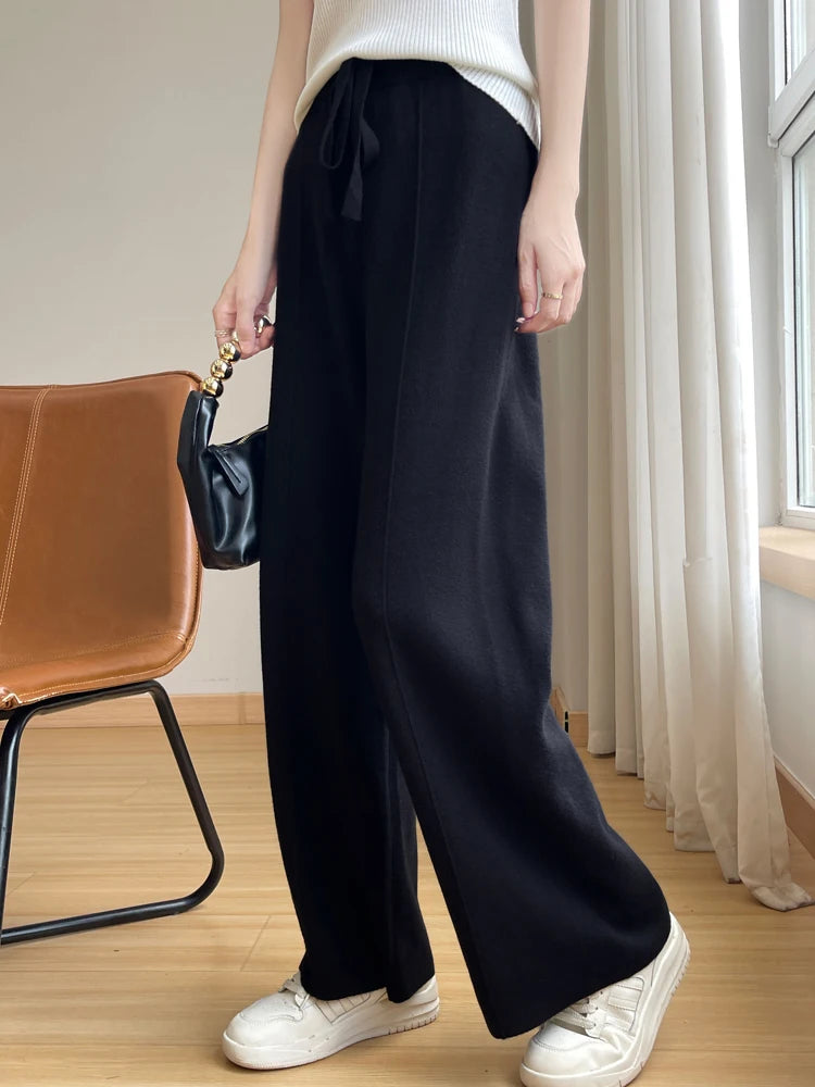 2024 Women's Cashmere Pants Sports Pants Women's Autumn and Winter High Waist Drawstring Warm Pants Knitted Cashmere Warm Pants