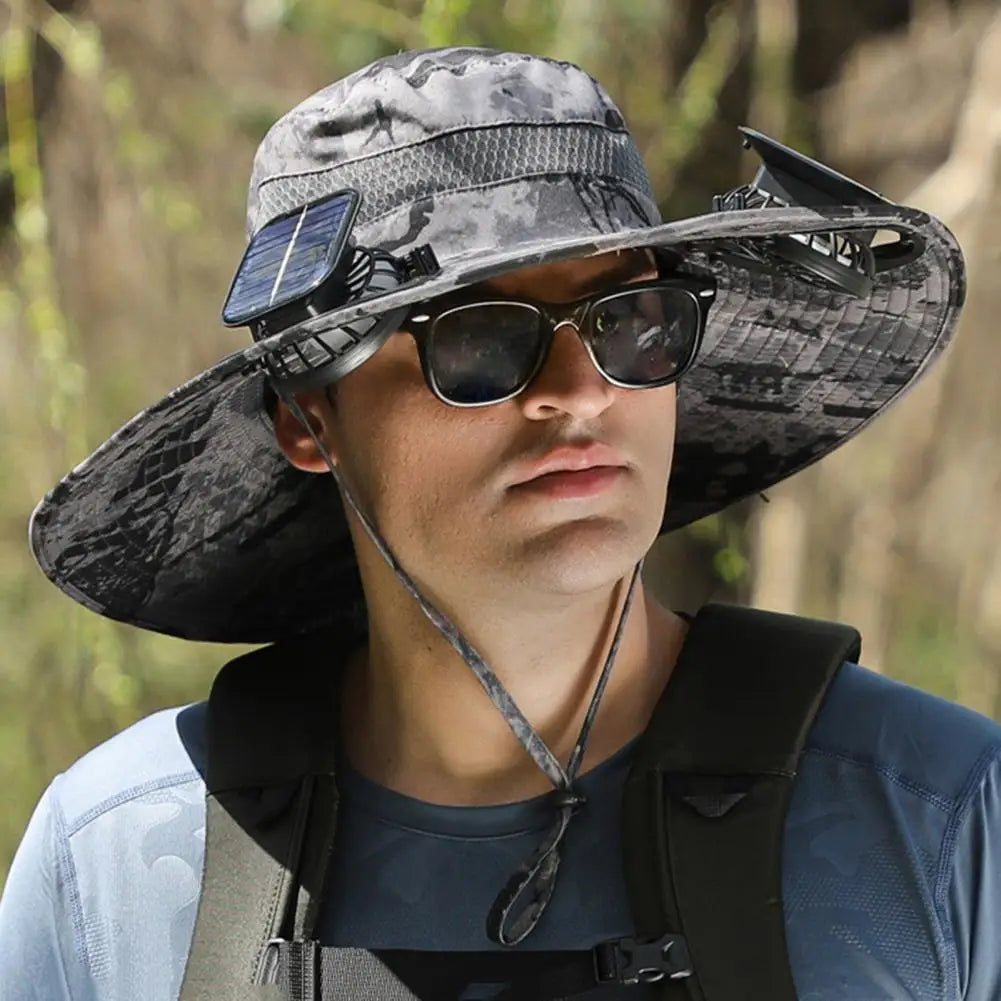 Men Fisherman Hat With 2 Solar Fan Windproof Strap USB Charging Anti-UV Large Brim Fan Sun Hat Sunlight Protection Fan Cap