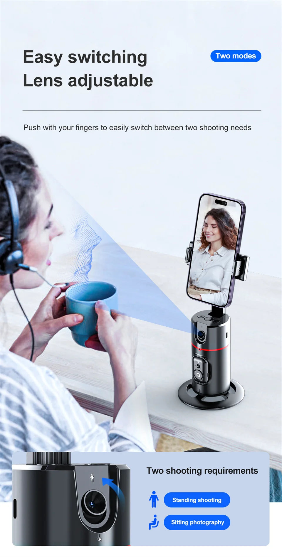 FGCLSY AI Auto Following Gimbal Stabilizer 360 Rotation Phone Stand P02 Desktop Tracking Gimbal with Remote for Live Photography