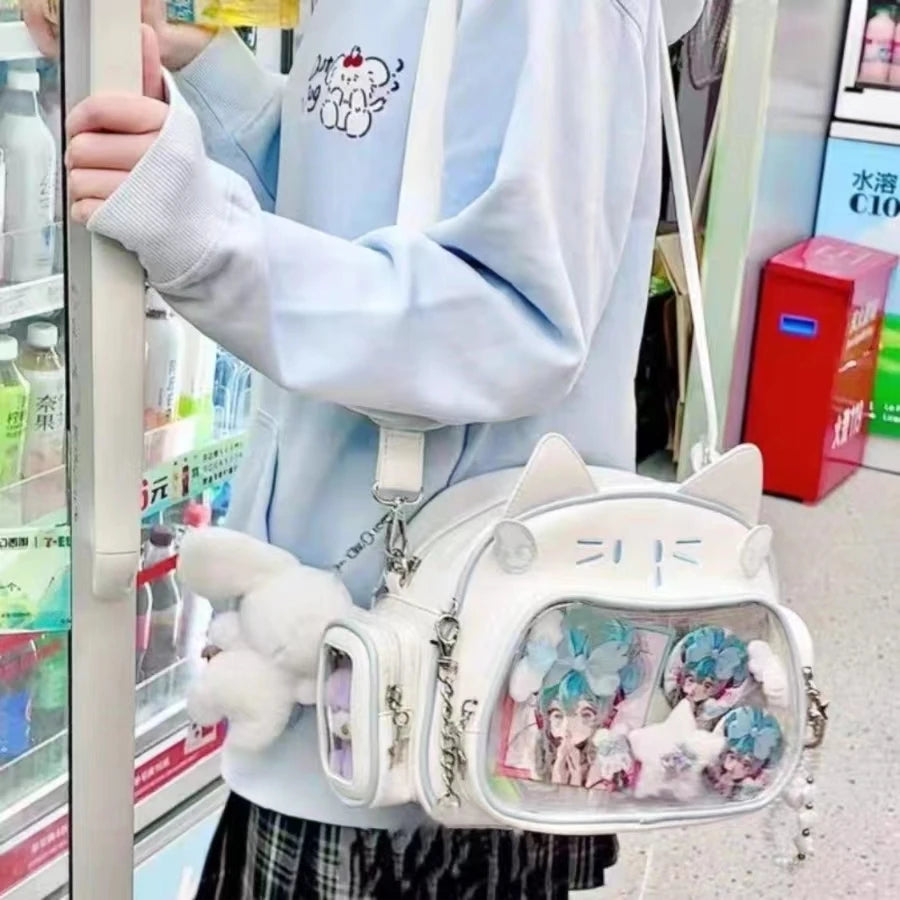 New Y2K Korean Kawaii Cat Ita Bag Cute PU Shoulder Bag Girls Transparent Pocket Harajuku Crossbody Bag Women's Fashion Backpacks