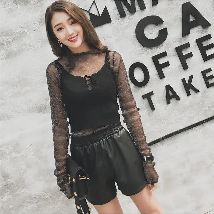 Shorts Women Ulzzang Chic Elastic Waist Pockets Loose Simple Pure Black Trendy Ins PU Leather Fall Casual 3XL Female All-match