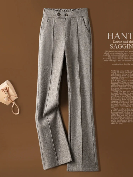 Herringbone Woolen Women's Pants Autumn and Winter 2024 New Elastic Waist Flare Pants Fashion Warm Comfort Black Trousers Women