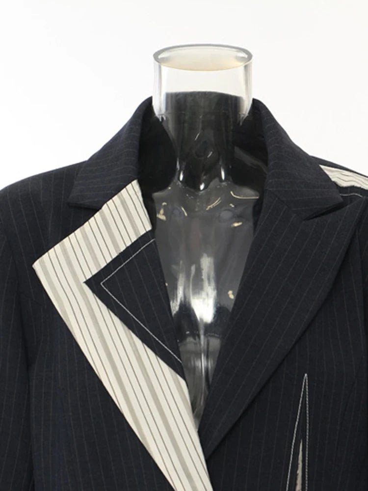 [EAM] Women Navy Blue Striped Irregular Elegant Blazer New Lapel Long Sleeve Jacket Fashion Tide Spring Autumn 2024 1DH5930