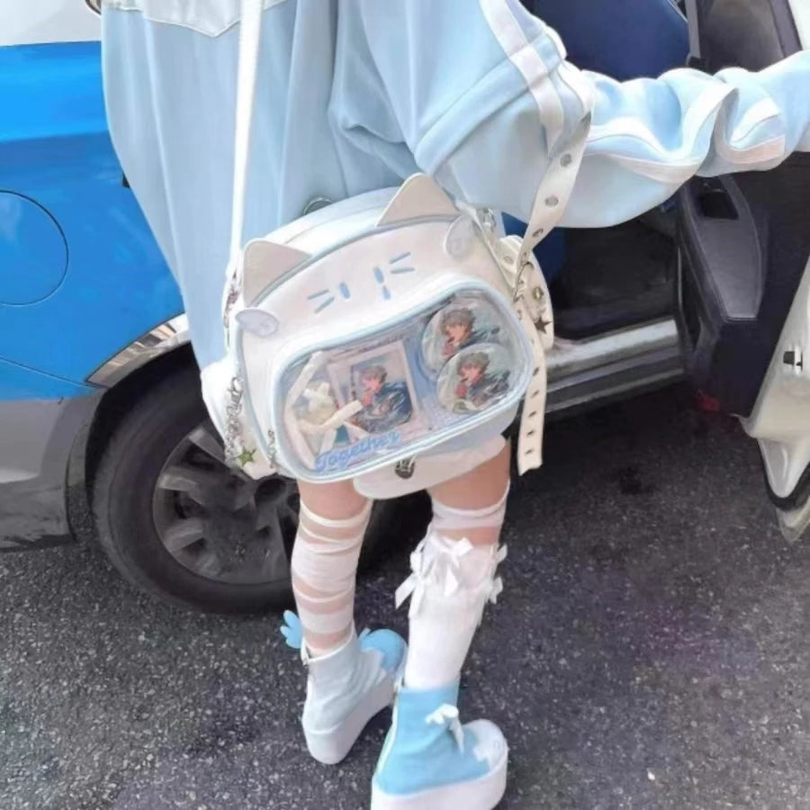 New Y2K Korean Kawaii Cat Ita Bag Cute PU Shoulder Bag Girls Transparent Pocket Harajuku Crossbody Bag Women's Fashion Backpacks